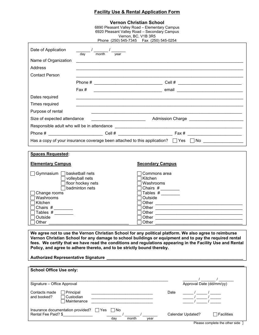 Vernon Facility Use & Rental Application Form